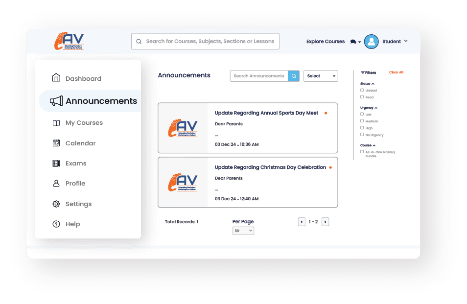 LMS dashboard for parents